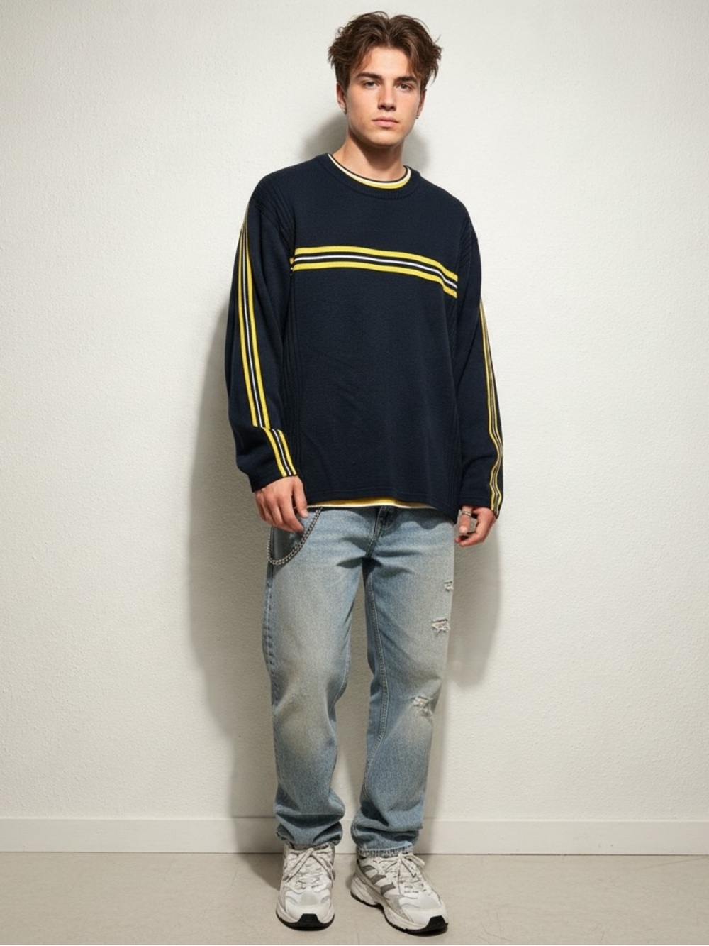 Vintage Aeropostale Men's Navy Crewneck Sweater with Yellow Stripes
